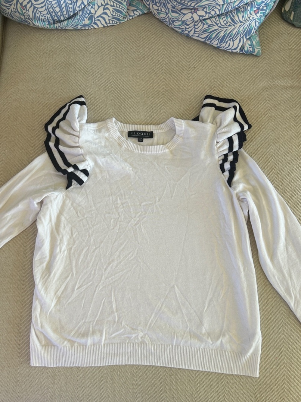 NWOT Eloquii White Knit Sweater with Black-Trim Ruffled Shoulders